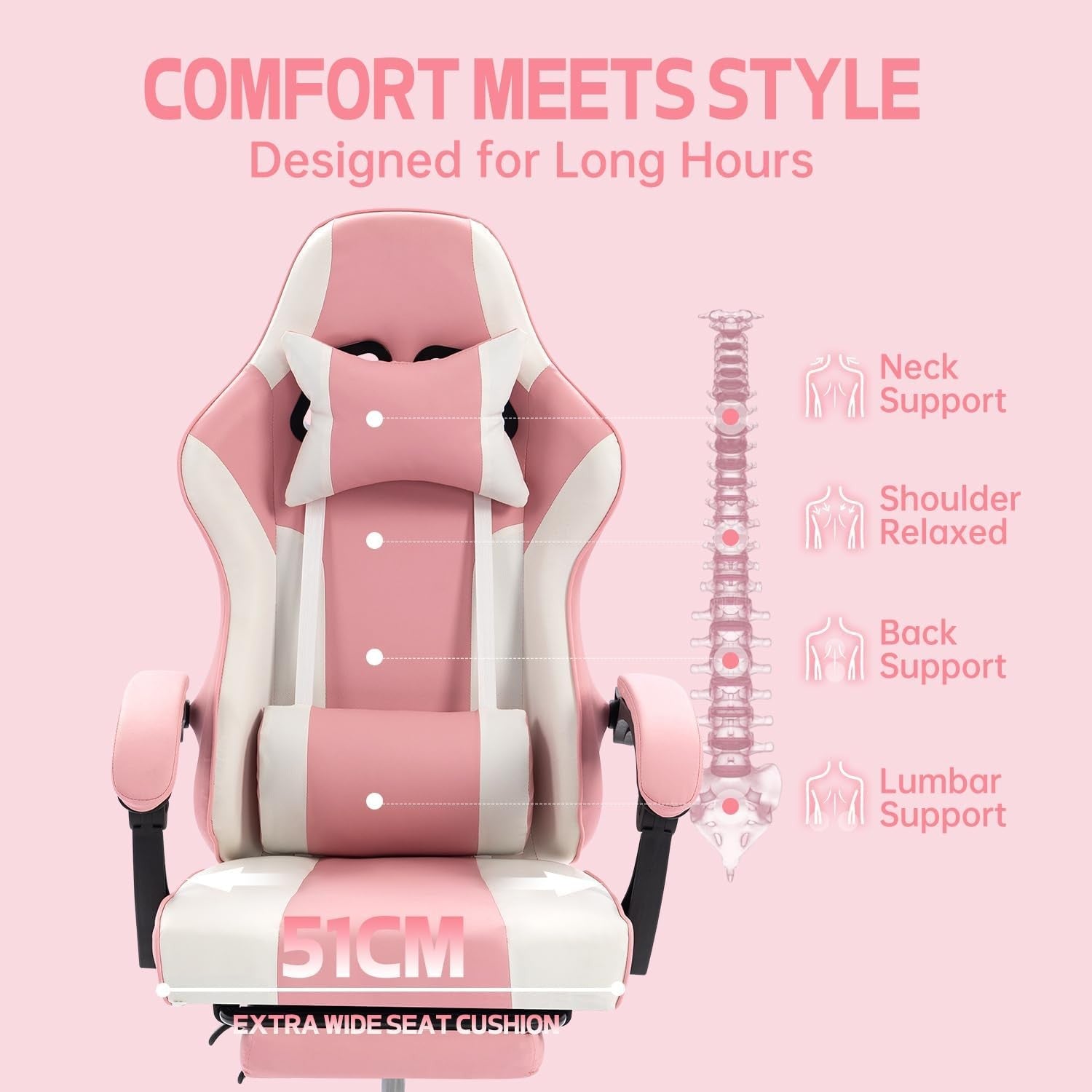 Pink Gaming Chair Recliner with Footrest High Back Swivel Desk Seat