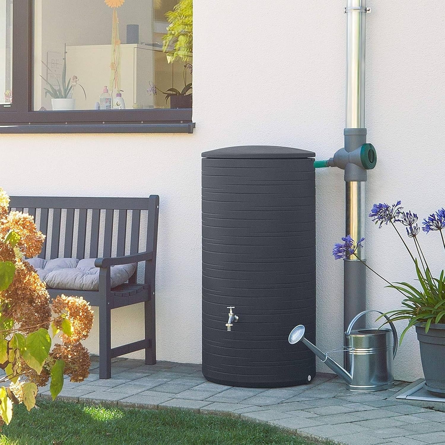 285L Rain Barrel with Child-Safe Lid & Brass Tap, Anthracite, Durable