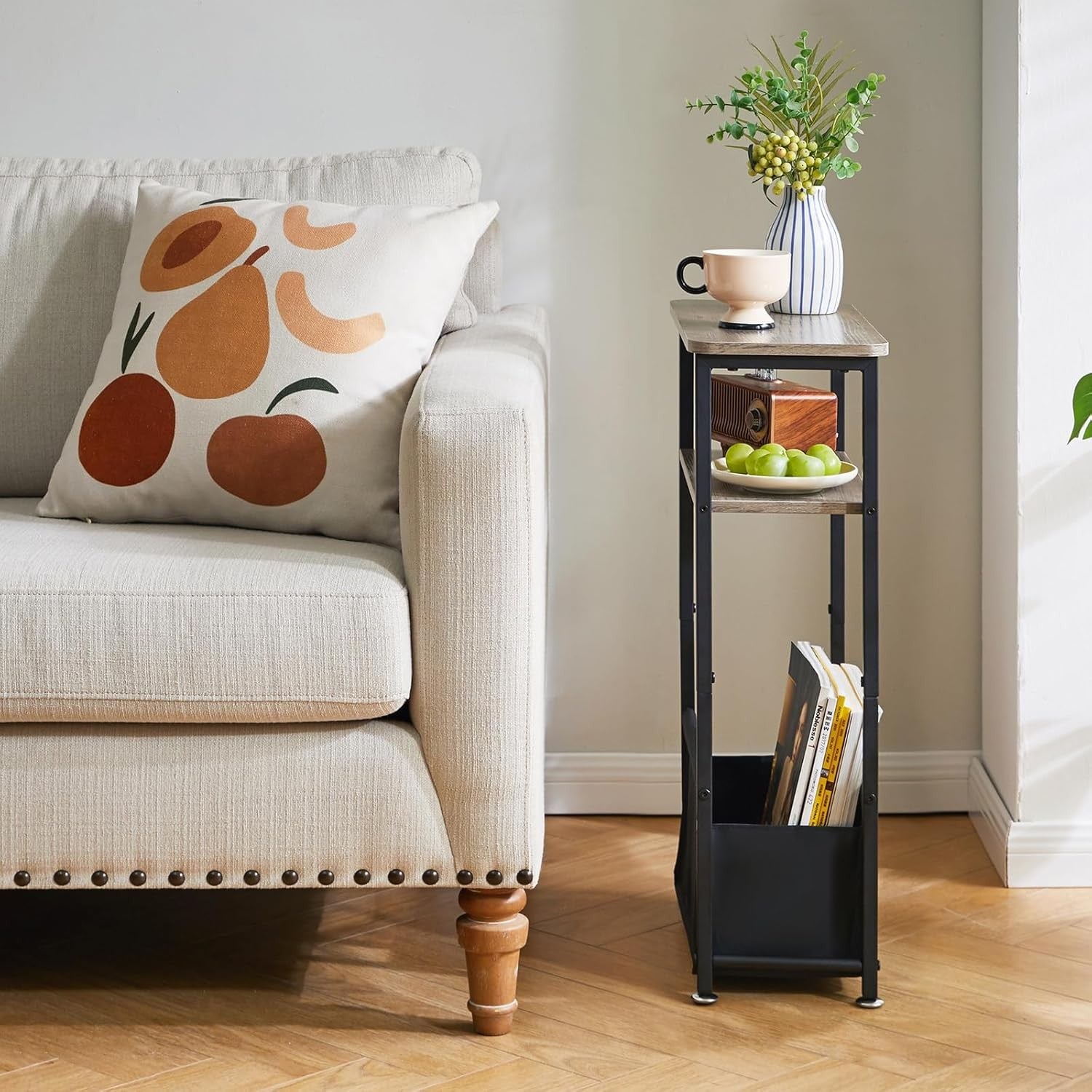 Slim 3-Tier Side Table with Storage Basket – Narrow Bedside/End Table for Small