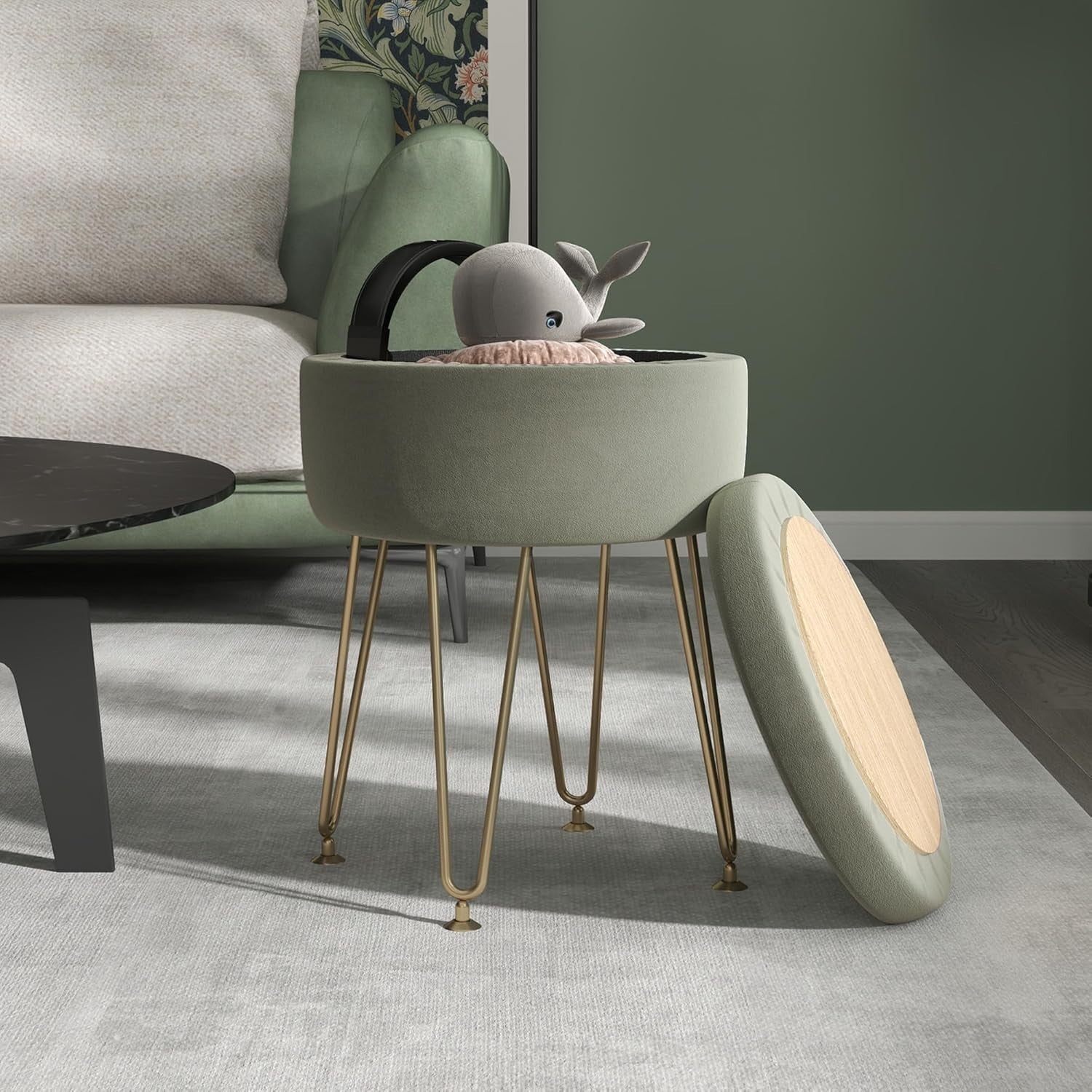 Green Velvet Storage Ottoman Round Footstool Hairpin Leg Stool 33x43cm