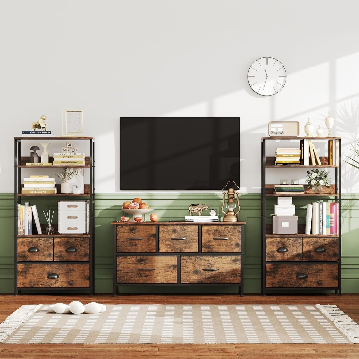 4 Tier Rustic Bookshelf with 3 Drawers Industrial Storage Cabinet Shelves Brown