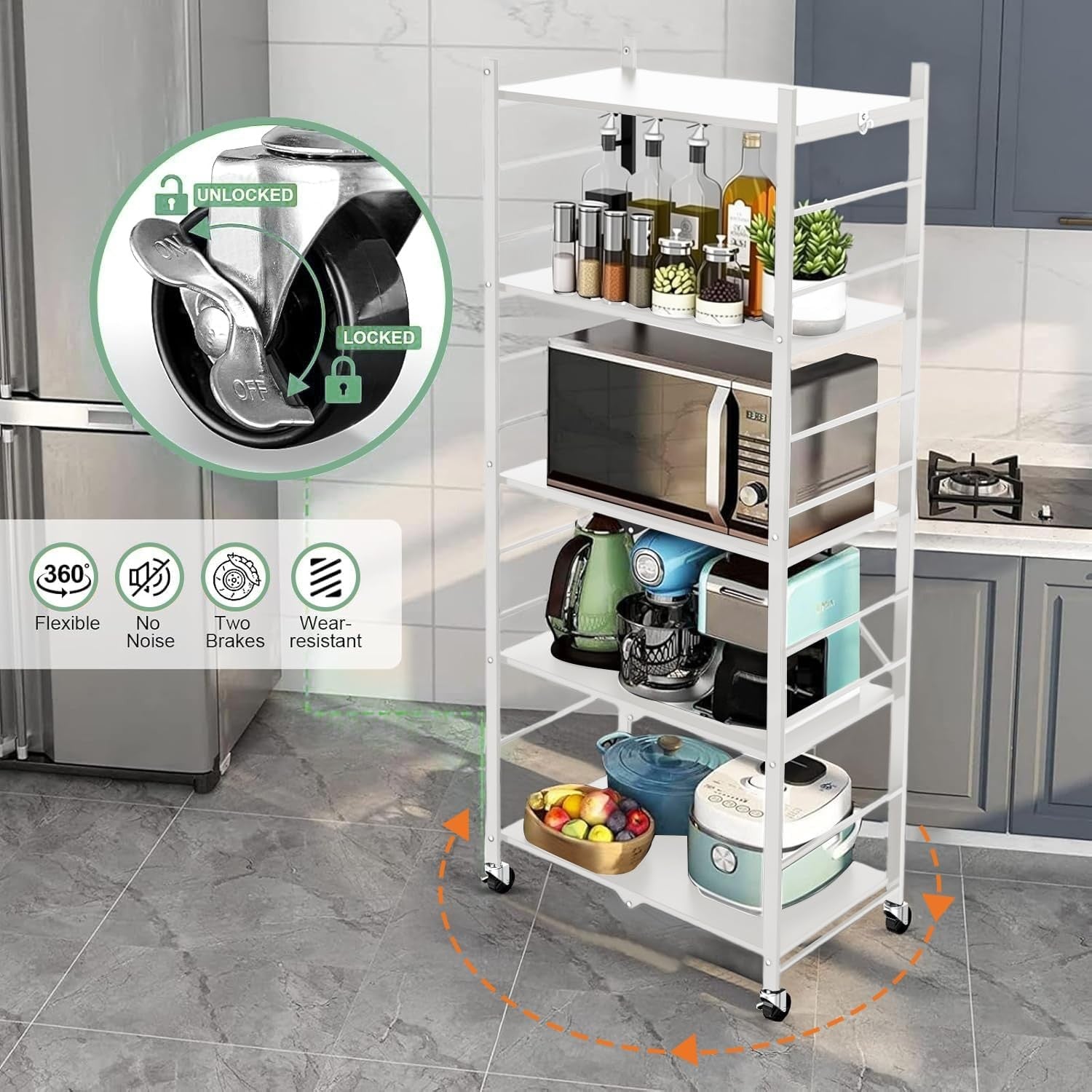 5 Tier Folding Storage Shelves Rolling Metal Rack Space Saving Kitchen Trolley