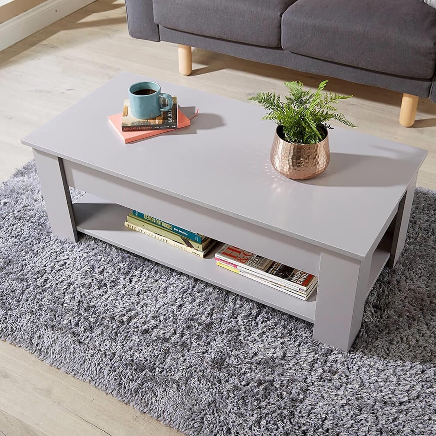 Lift Top Grey Coffee Table 100x50cm with Hidden Storage & Shelf Modern