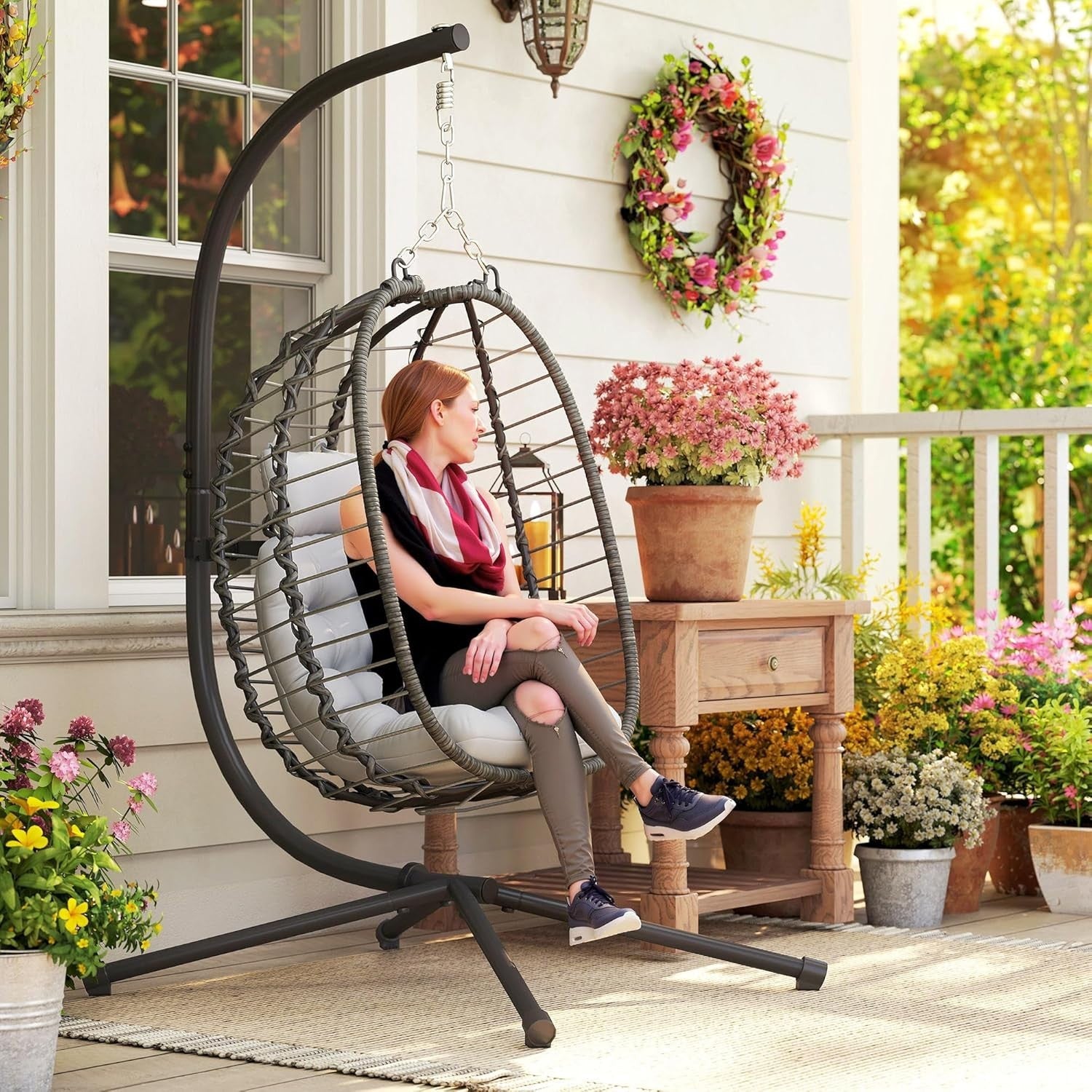Luxury Hanging Egg Chair Swing with Stand Plush Cushion Indoor Outdoor