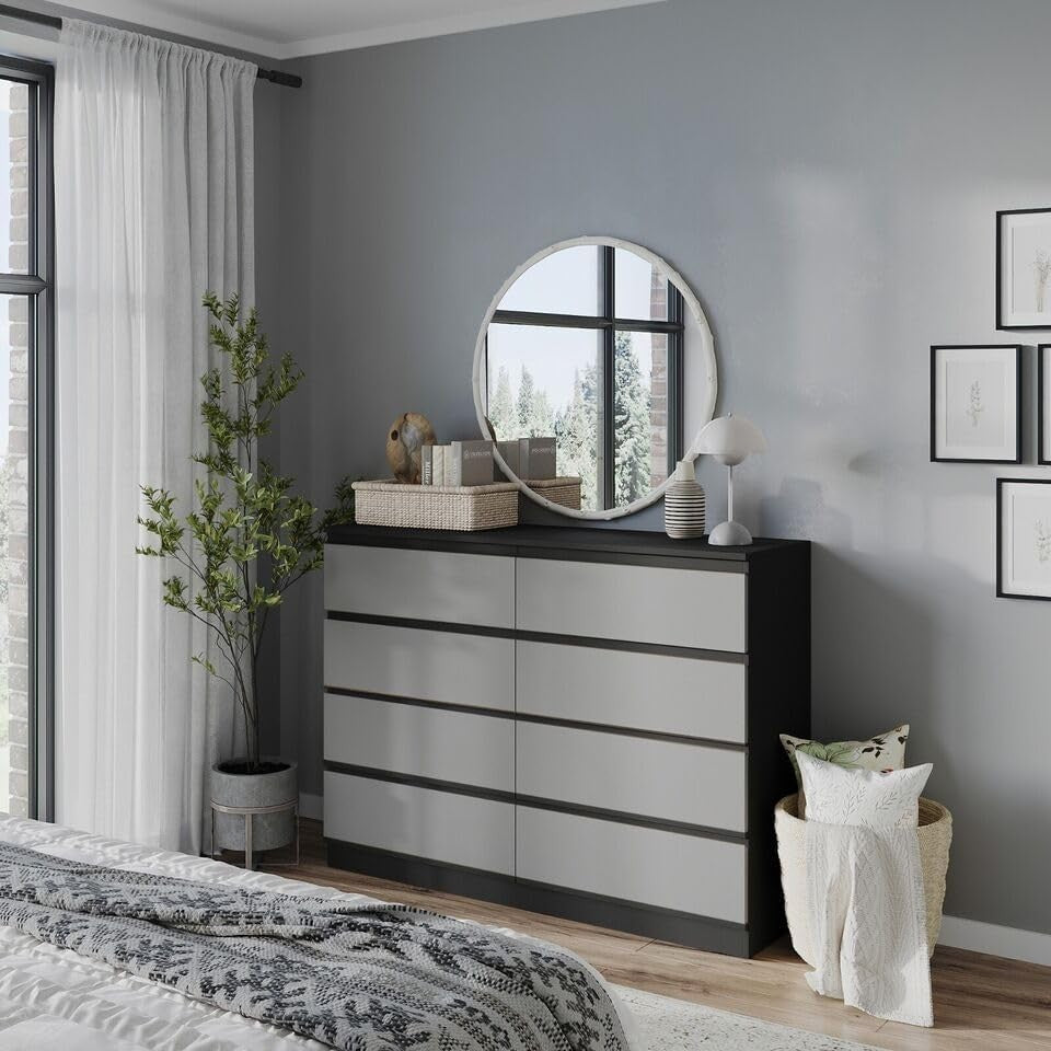 Modern 8 Drawer Chest Black Grey Storage Cabinet for Bedroom Office