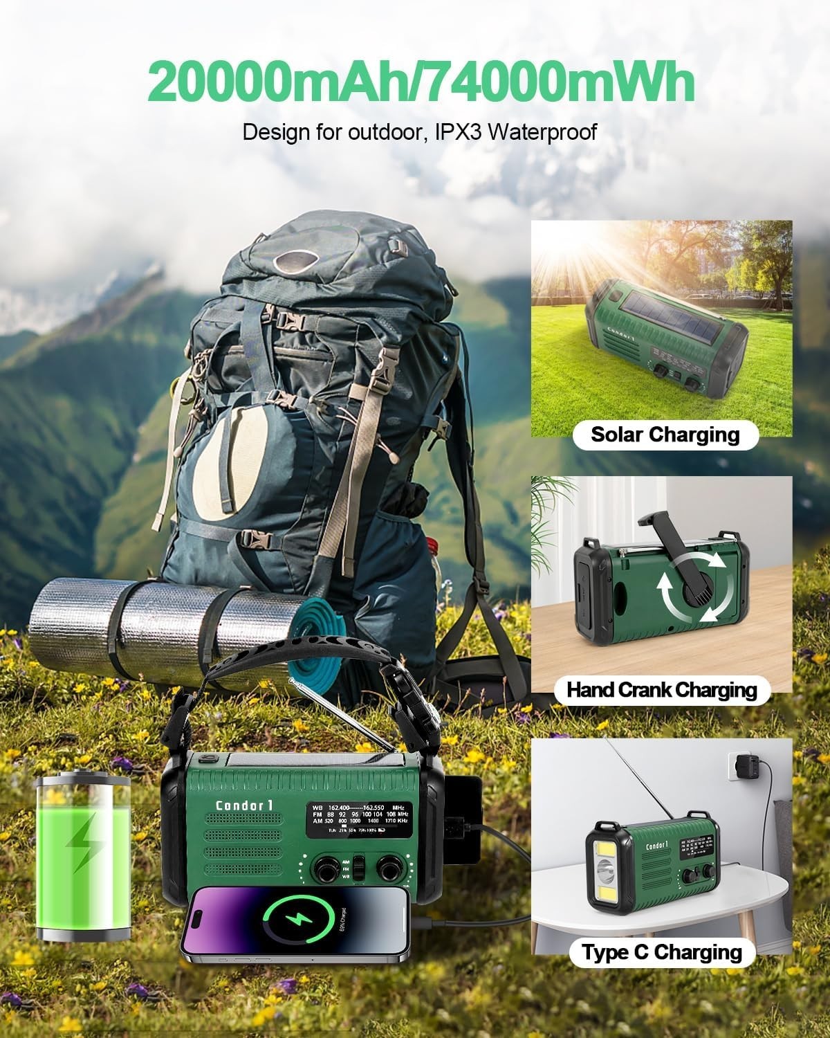 Wind Up Solar Emergency Radio with 20000mAh Battery, AM/FM & Flashlight