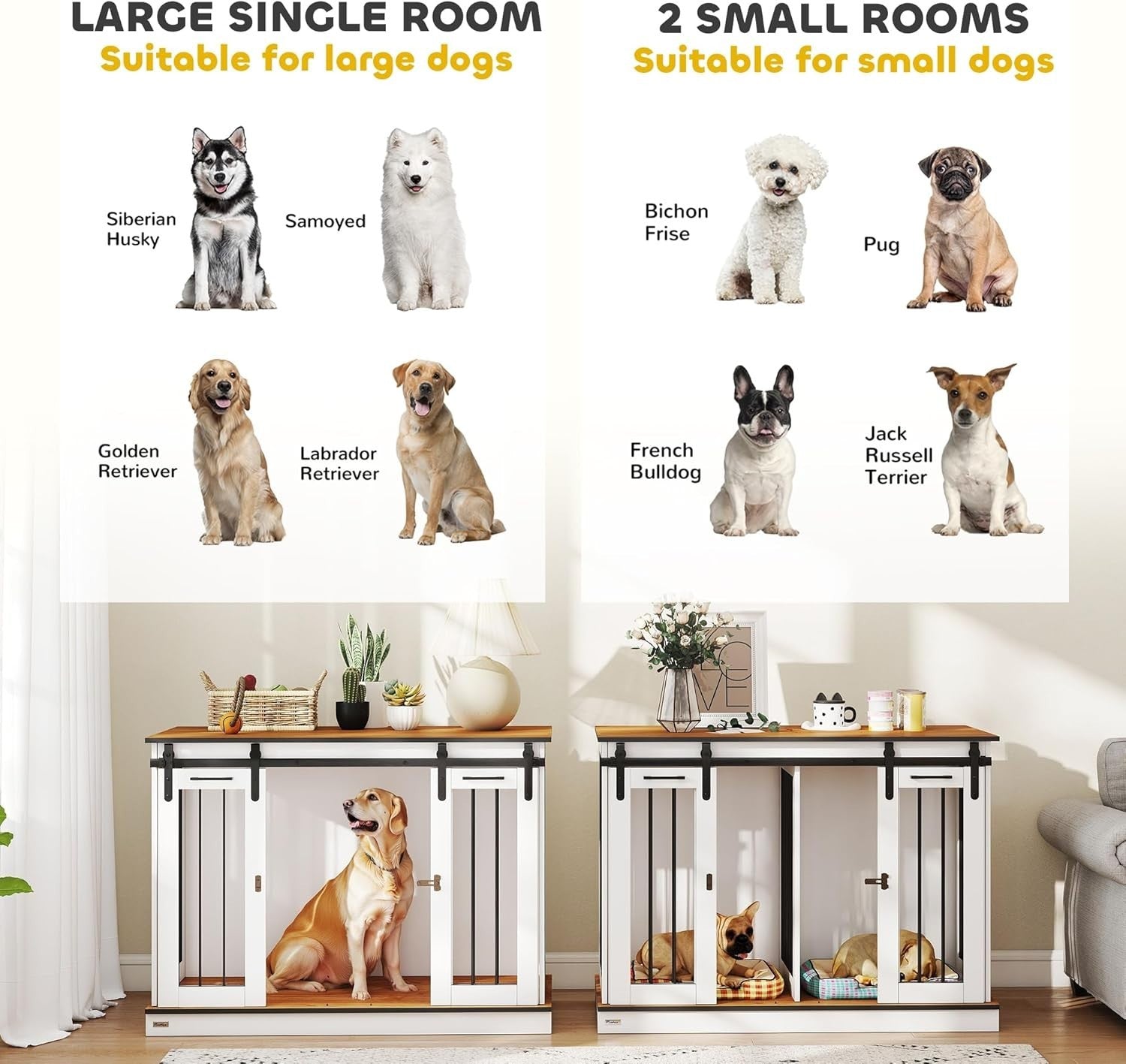 Large White Dog Crate Furniture with Divider, Sliding Doors & Side Table