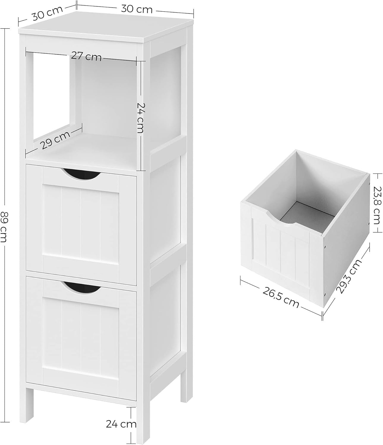 Tall White Bathroom Storage Cabinet – 2 Drawers + Open Shelf Modern Slim Unit
