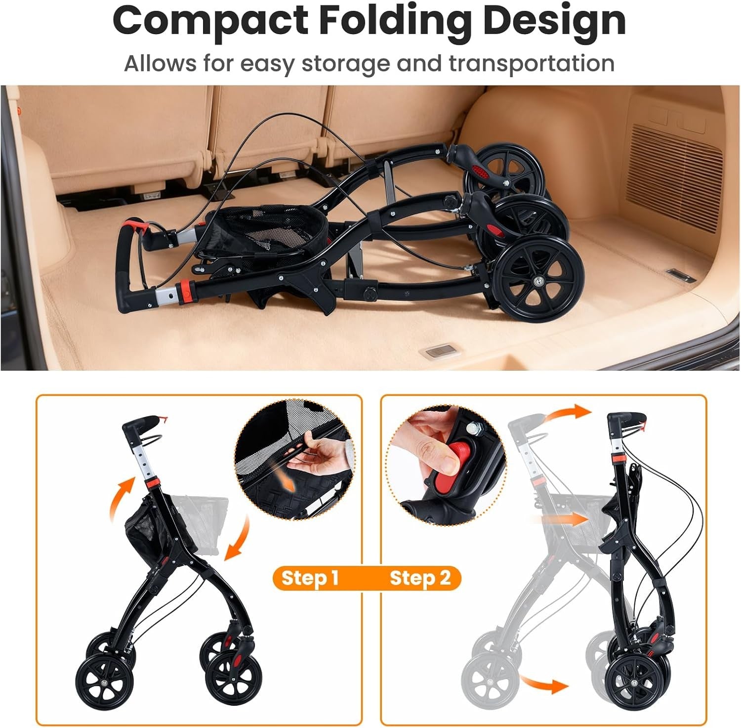 4 Wheel Rollator Walker Lightweight Folding Walking Aid Brakes Tray