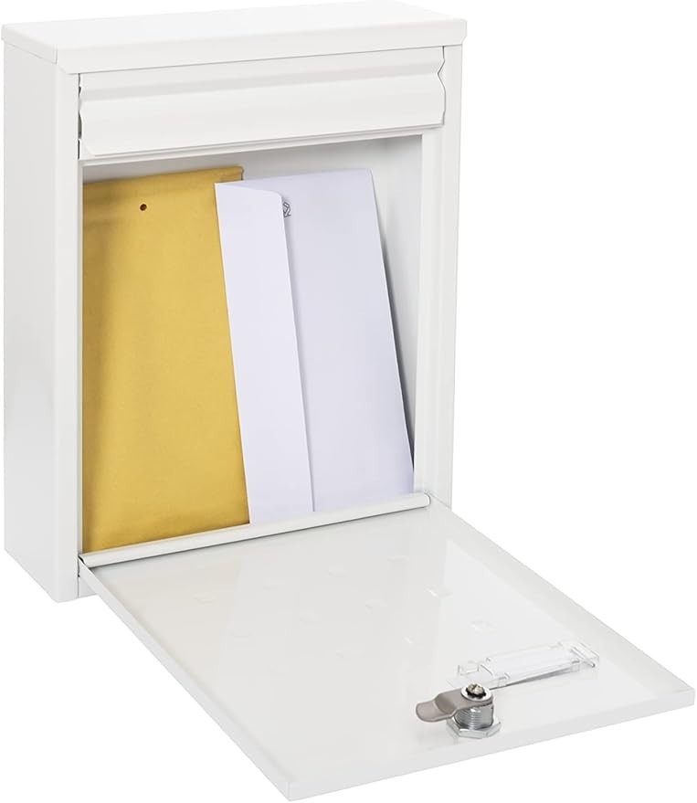 Wall Mounted Lockable Mailbox A4 Size Steel Waterproof Slim Design White