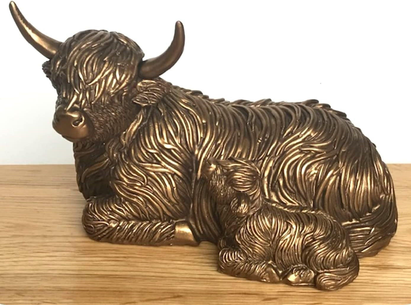 Bronzed Highland Cow & Calf Ornament | Rustic Farmhouse Resin Figurine Decor