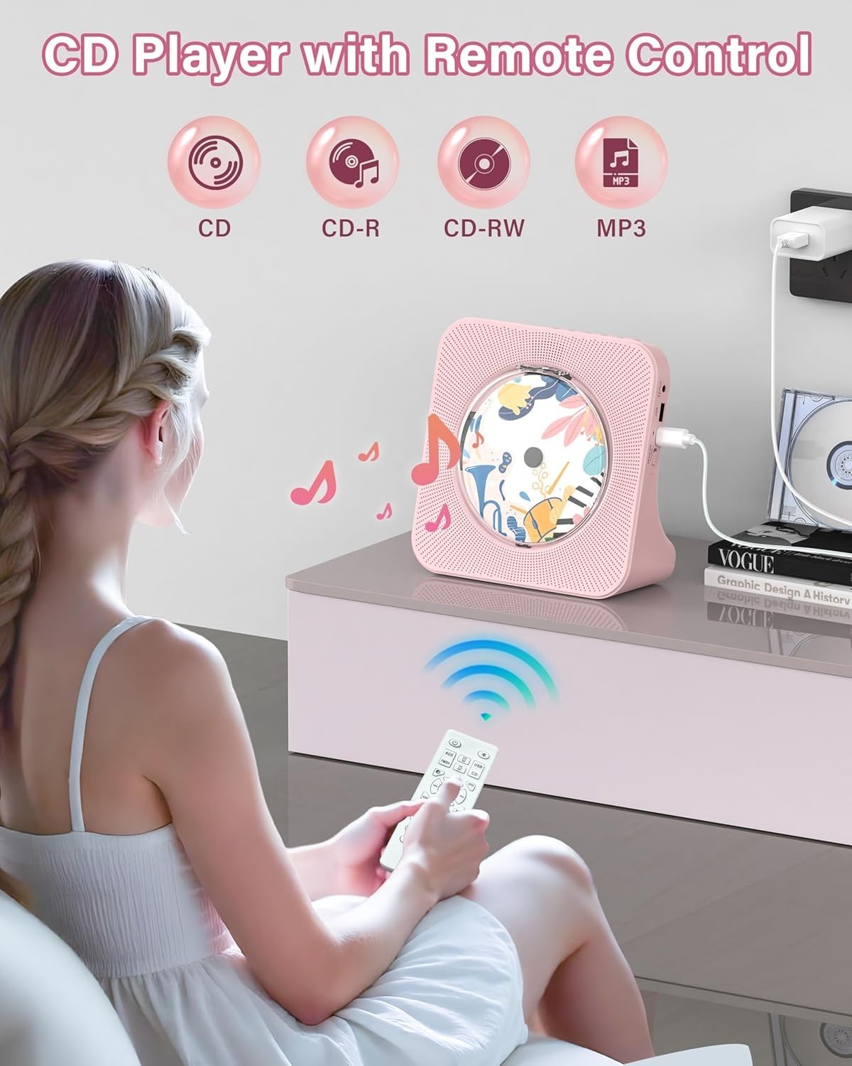 Bluetooth CD Player w Speakers FM Radio LCD Remote USB AUX Pink