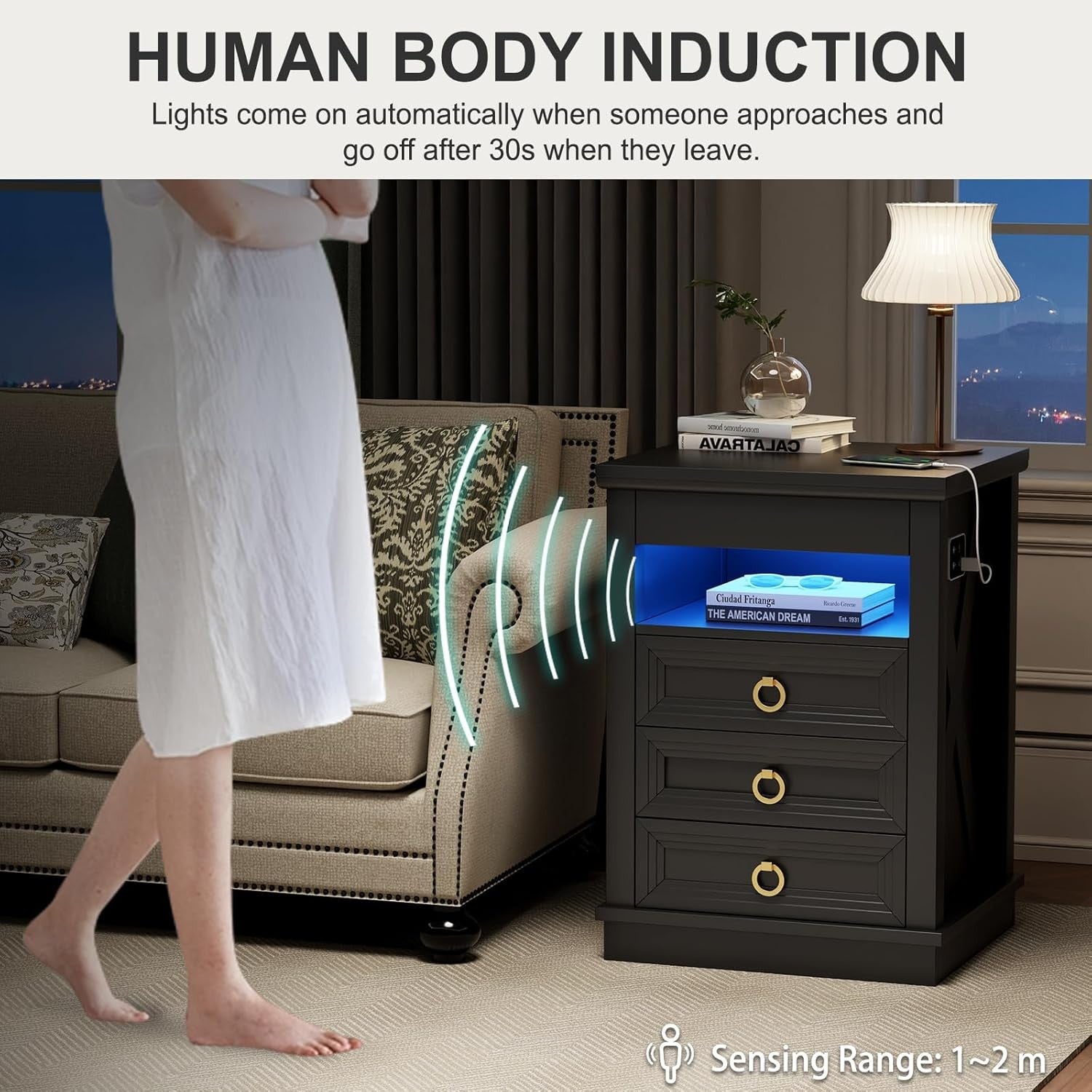 Black Smart Bedside Table with Wireless Charging, LED Lights & 4 Drawers Storage