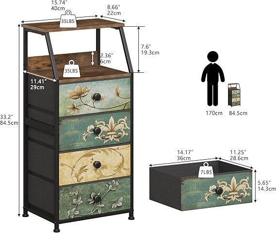 Vintage 4-Drawer Bedside Cabinet Chest with Shelves | Slim Storage Unit