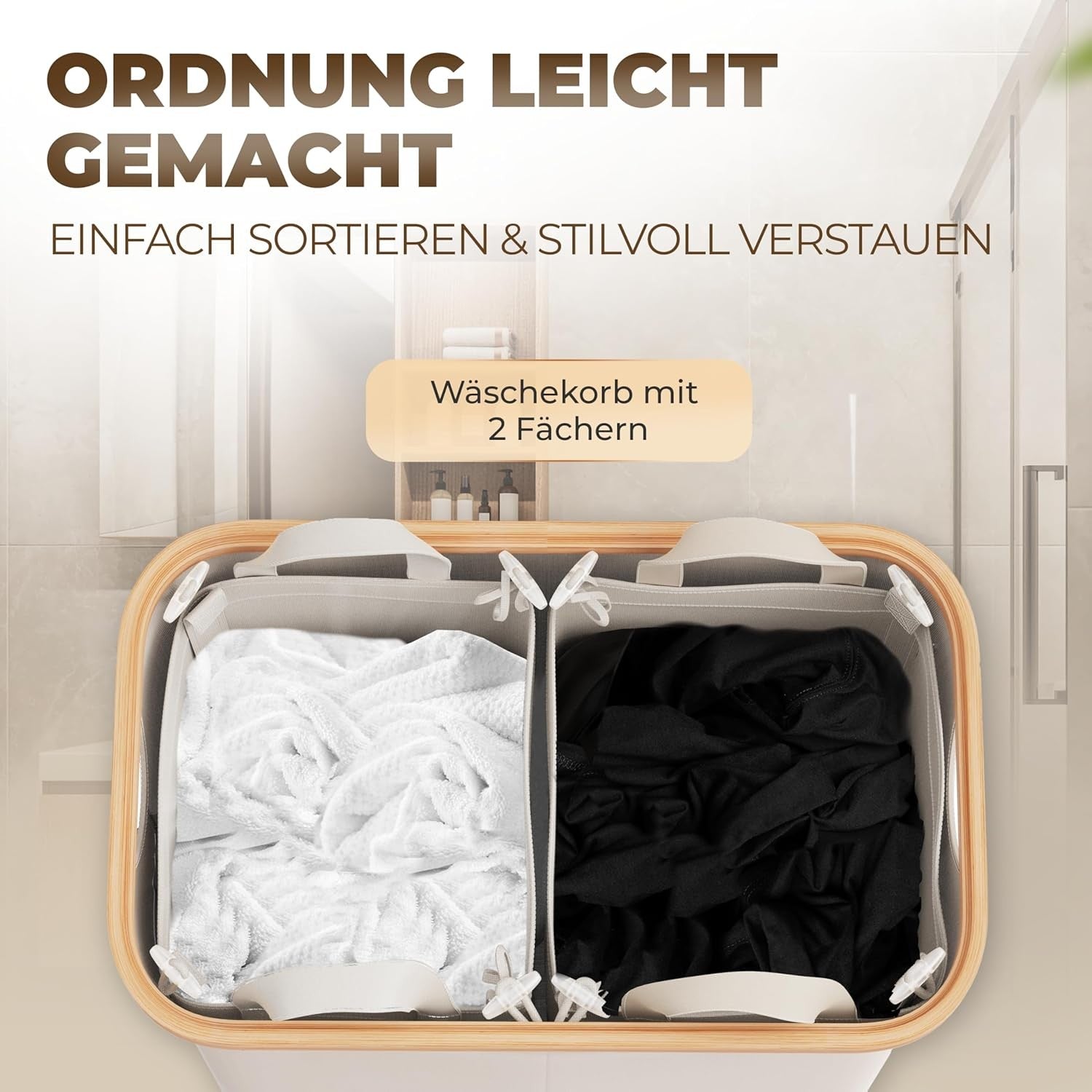 150L Foldable Laundry Hamper Bamboo Lid 2 Compartments Large Beige Basket