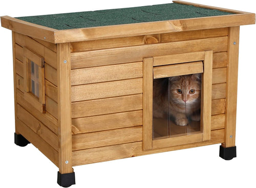 Rustic Outdoor Wooden Cat House with Plexiglas Window & Adjustable Feet