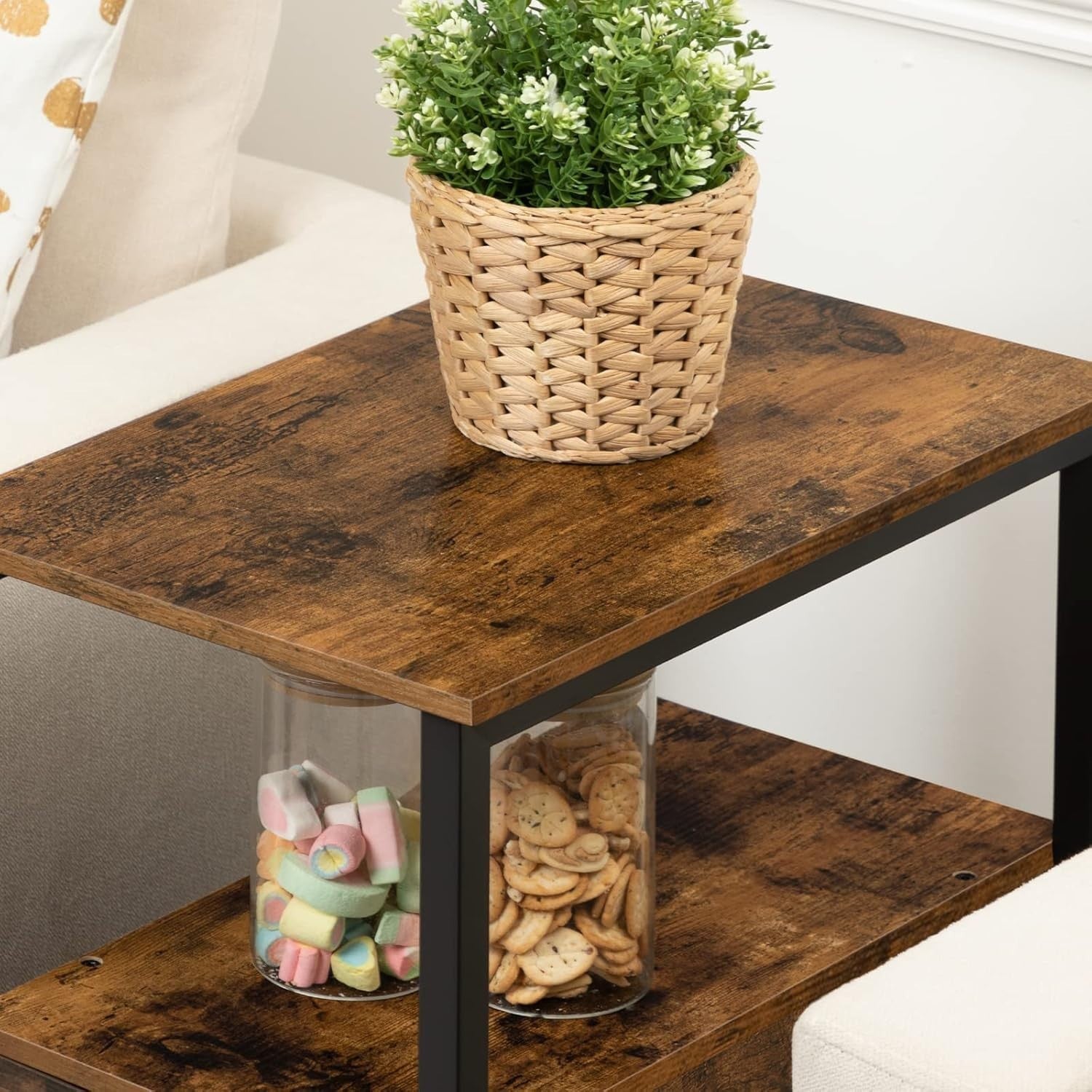 Slim Industrial Side Table with 2 Drawers & Open Shelf, Rustic Brown 30x48x61.5c