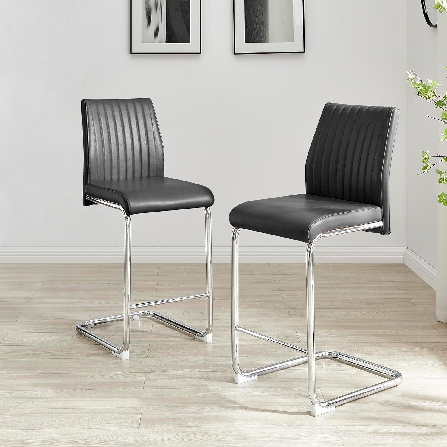 Modern Grey Bar Stools Set of 2 – Faux Leather Cantilever Chairs
