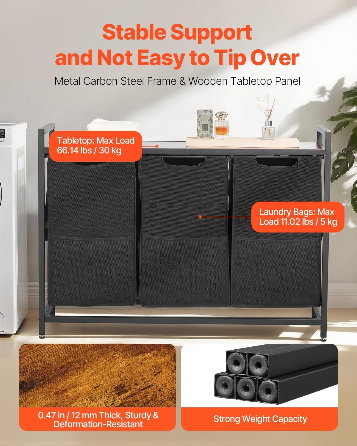 3 Section Laundry Sorter With Tabletop Metal Frame 600D Oxford Bags Black