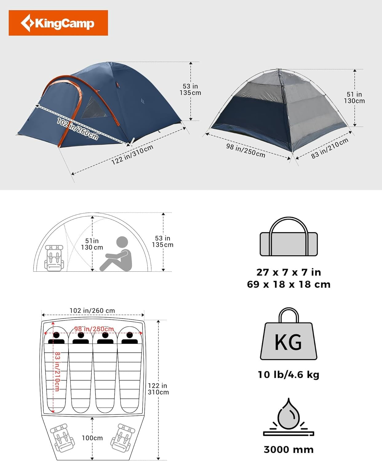 KingCamp 4-Person Dome Tent Waterproof with Porch for Outdoor