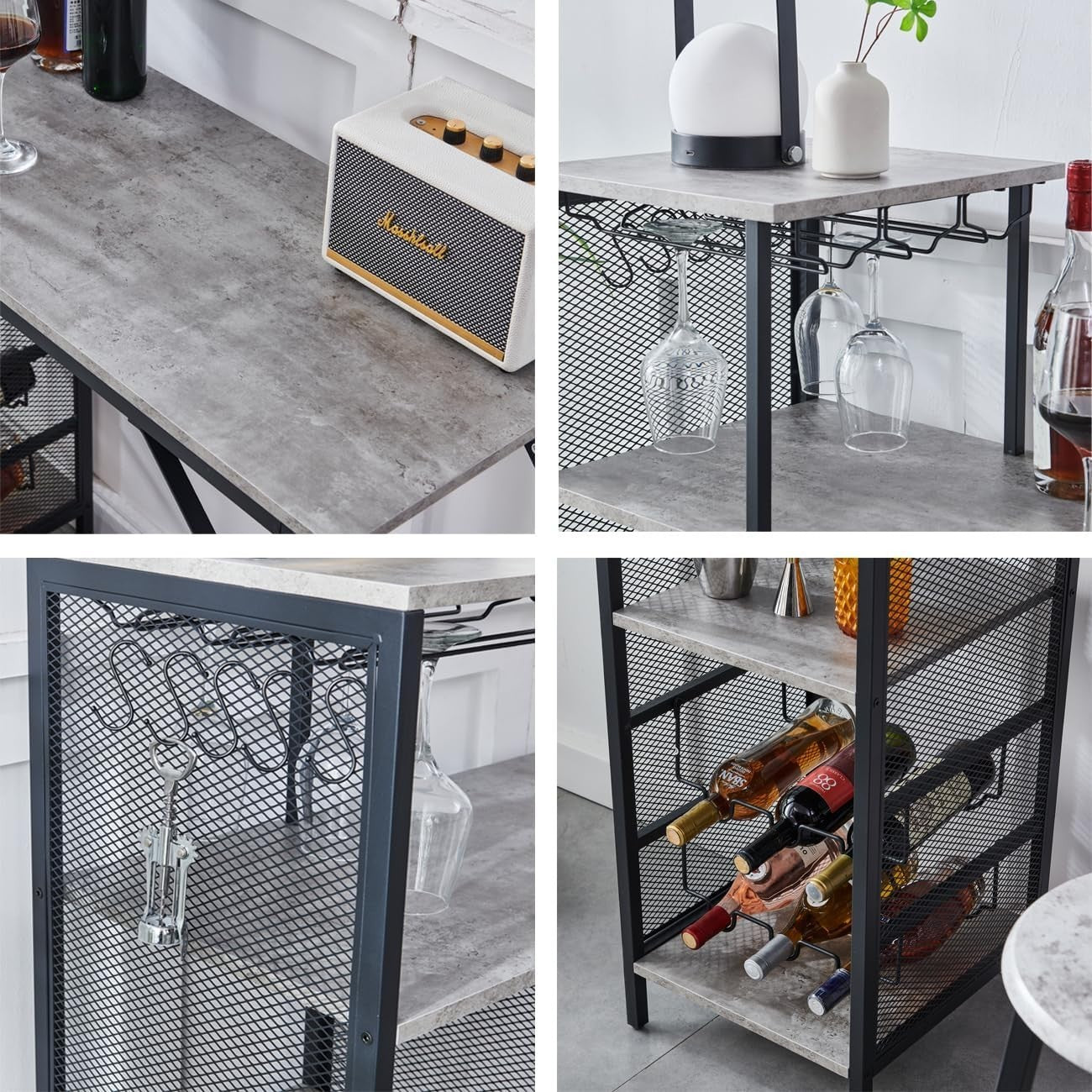 3 Piece Bar Table Set Wine Rack Shelves & 2 Stools Grey Marble Dining Furniture