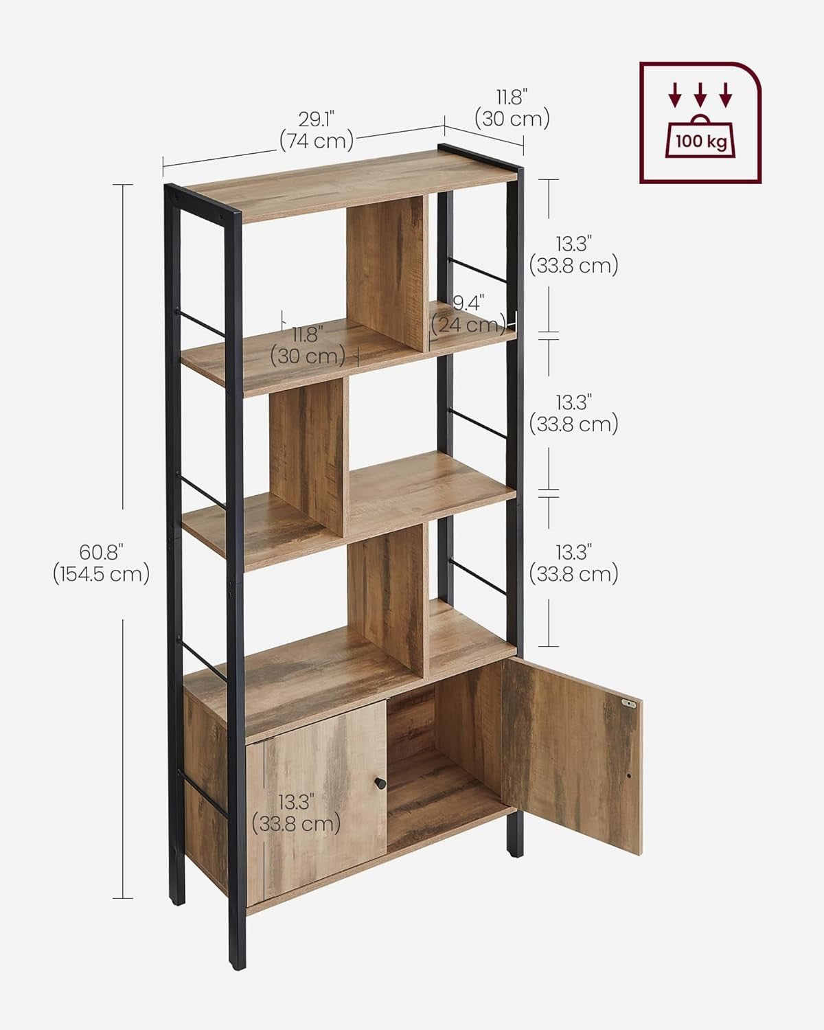 Industrial 4 Tier Bookcase with Doors Steel Frame Storage Shelf 154cm Oak
