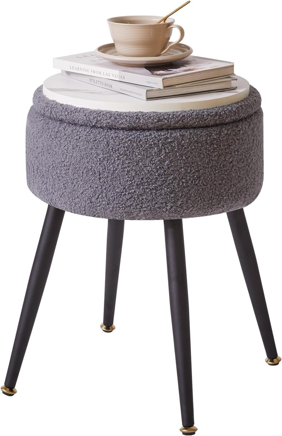 Grey Teddy Fur Vanity Stool with Storage – Round Ottoman Chair with Metal Legs