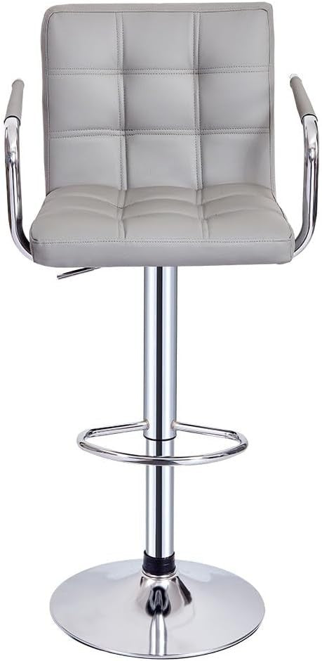 Grey Adjustable Swivel Bar Stool with Armrests & PU Leather