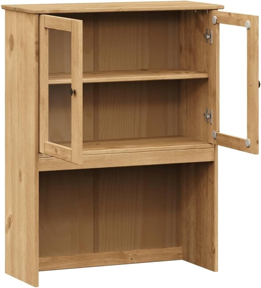 Pine Wood Dresser Top Cabinet 4 Shelves Glass Doors Kitchen Storage Brown
