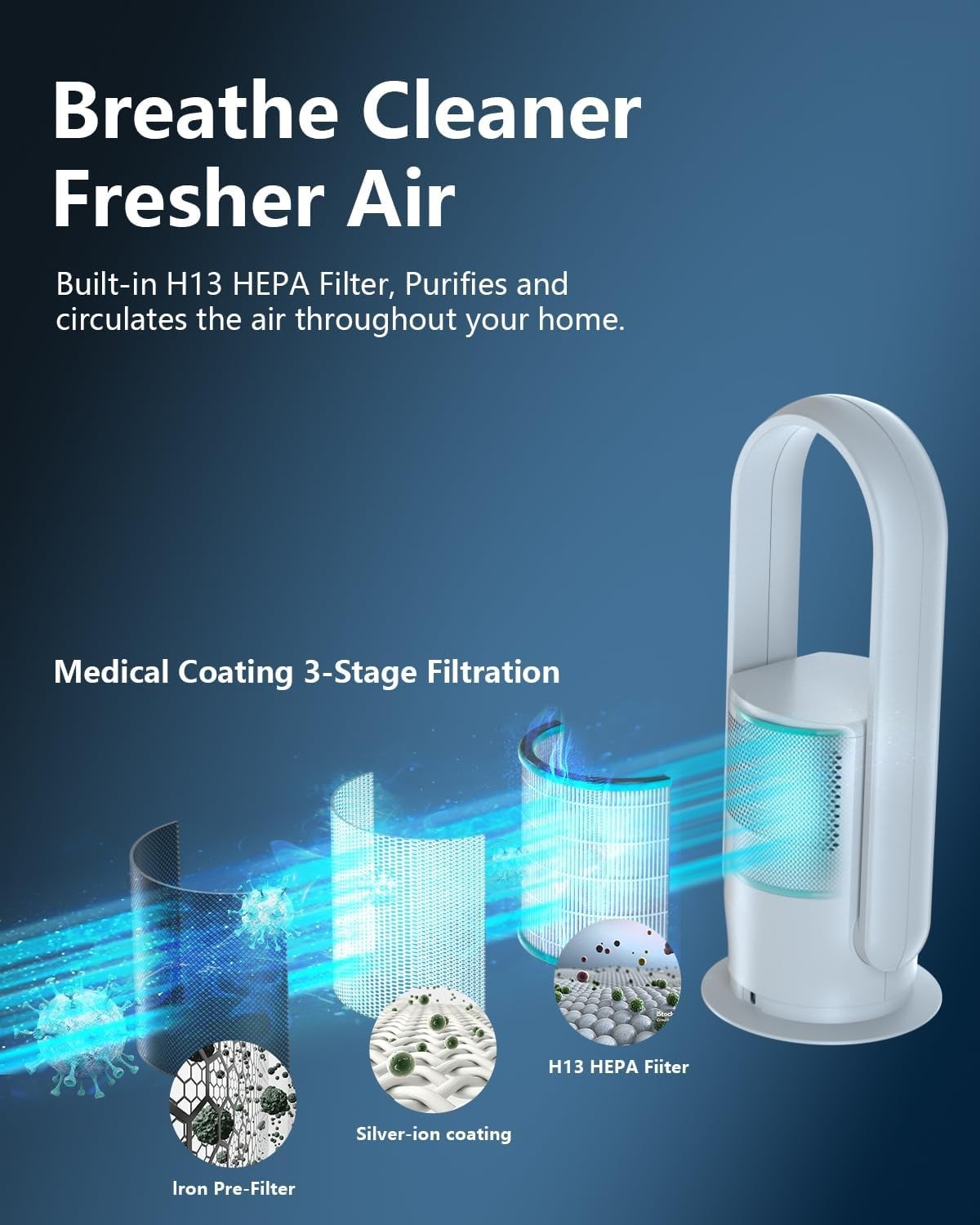 Bladeless Tower Fan w/ HEPA Air Purifier – 9-Speed Quiet Cooling Fan White Timer