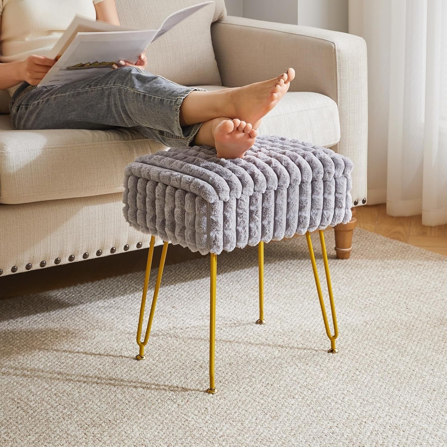 Grey Rectangular Vanity Stool with Storage – Modern Footrest & Side Table
