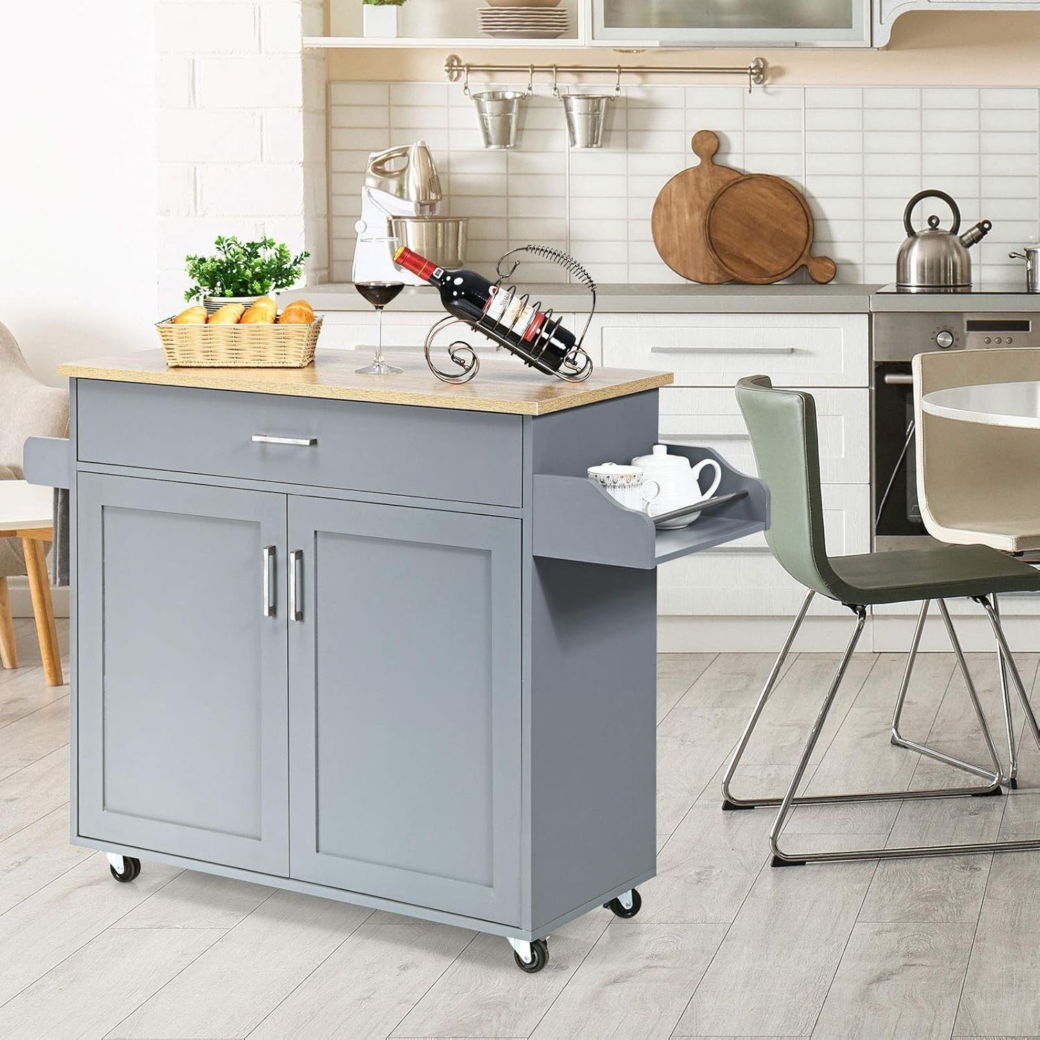Rolling Kitchen Storage Cart with Adjustable Shelf, Drawer & Lockable Wheels