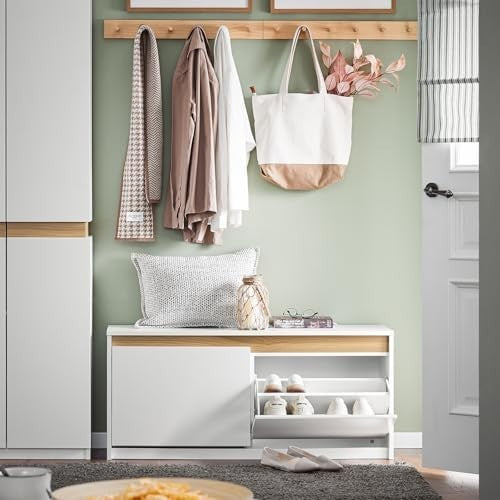 White Shoe Storage Bench with Padded Seat & 2 Flip Drawers – Hallway
