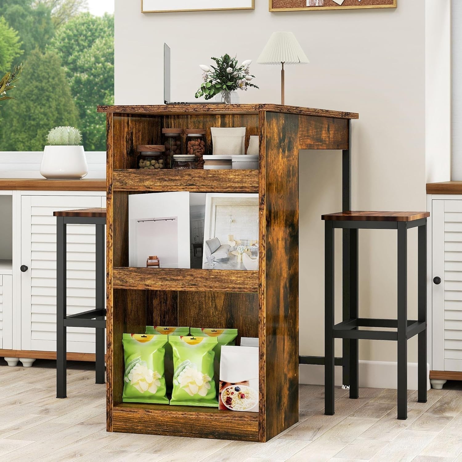 Rustic Brown Bar Table Set with 2 Stools Industrial Wood Top Storage Shelves