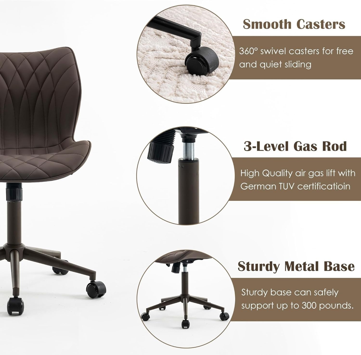 Ergonomic Armless Home Office Desk Chair Swivel Faux Leather Padded Task Study S