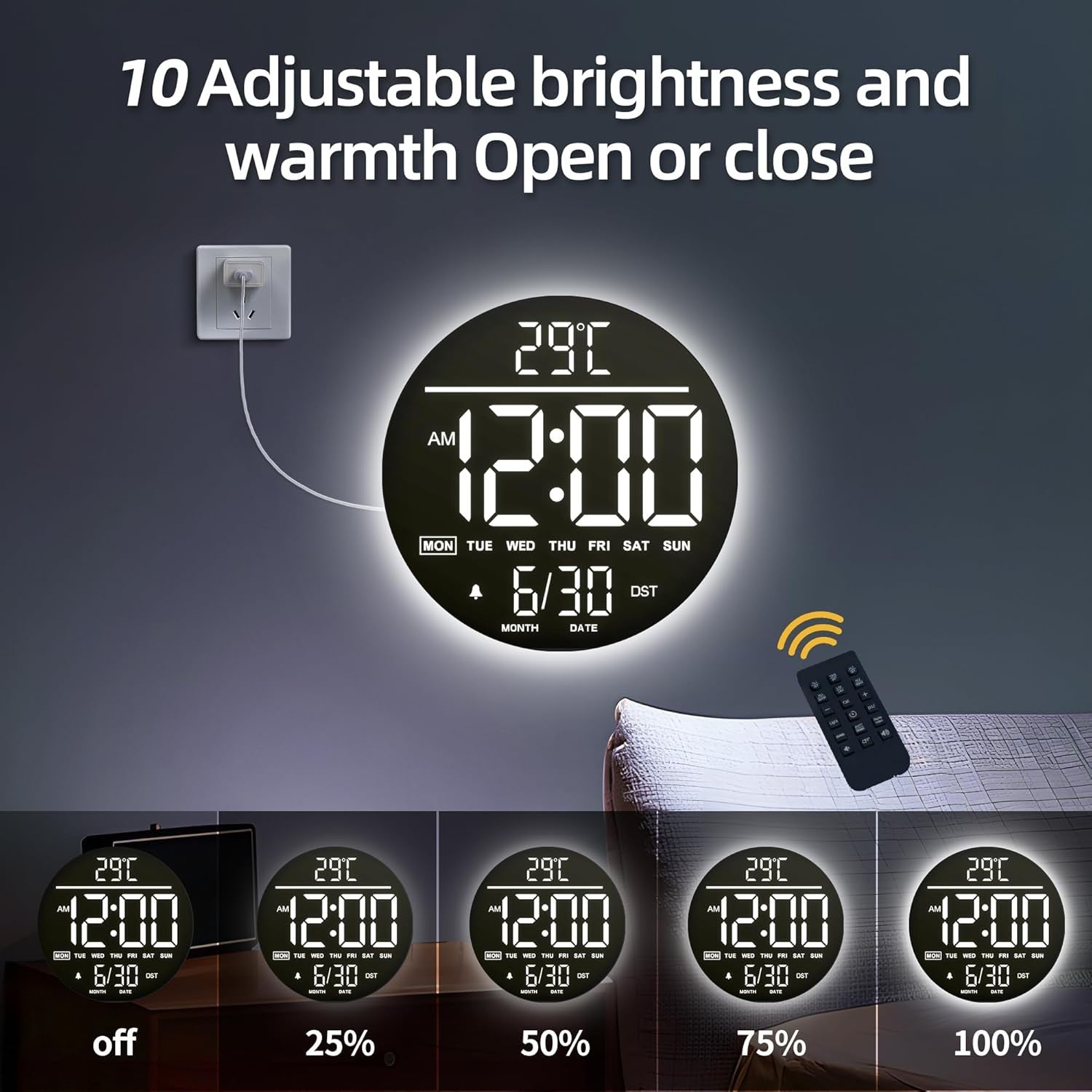 White LED Digital Wall Clock 10 Inch Remote Control Night Light Display