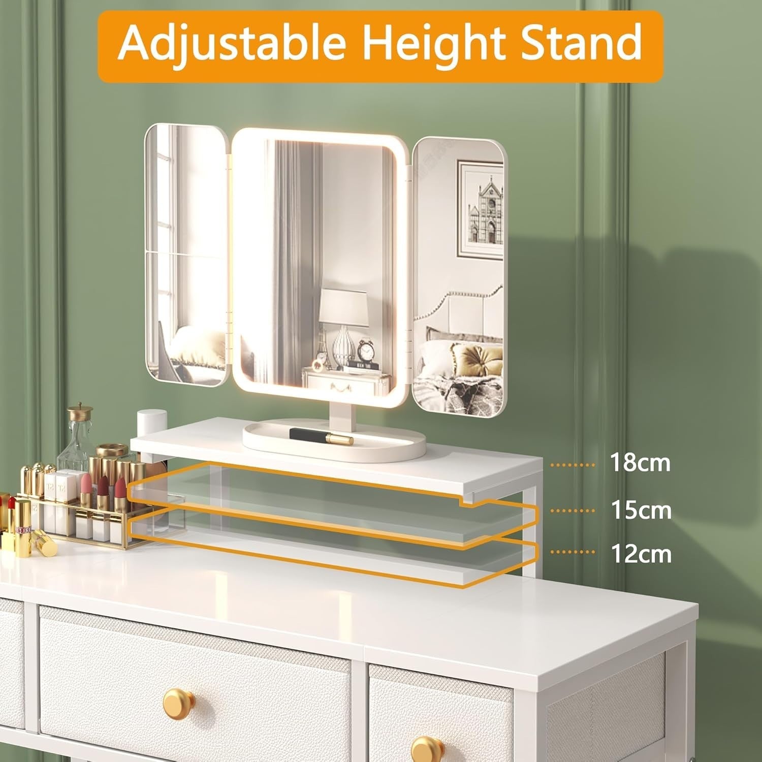 Vanity Makeup Dressing Table Desk 3-Fold LED Mirror Adjustable Height 3 Drawers