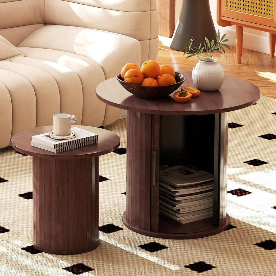 2-Piece 60cm Round Nesting Coffee Table Set with Hidden Storage, Dark Brown