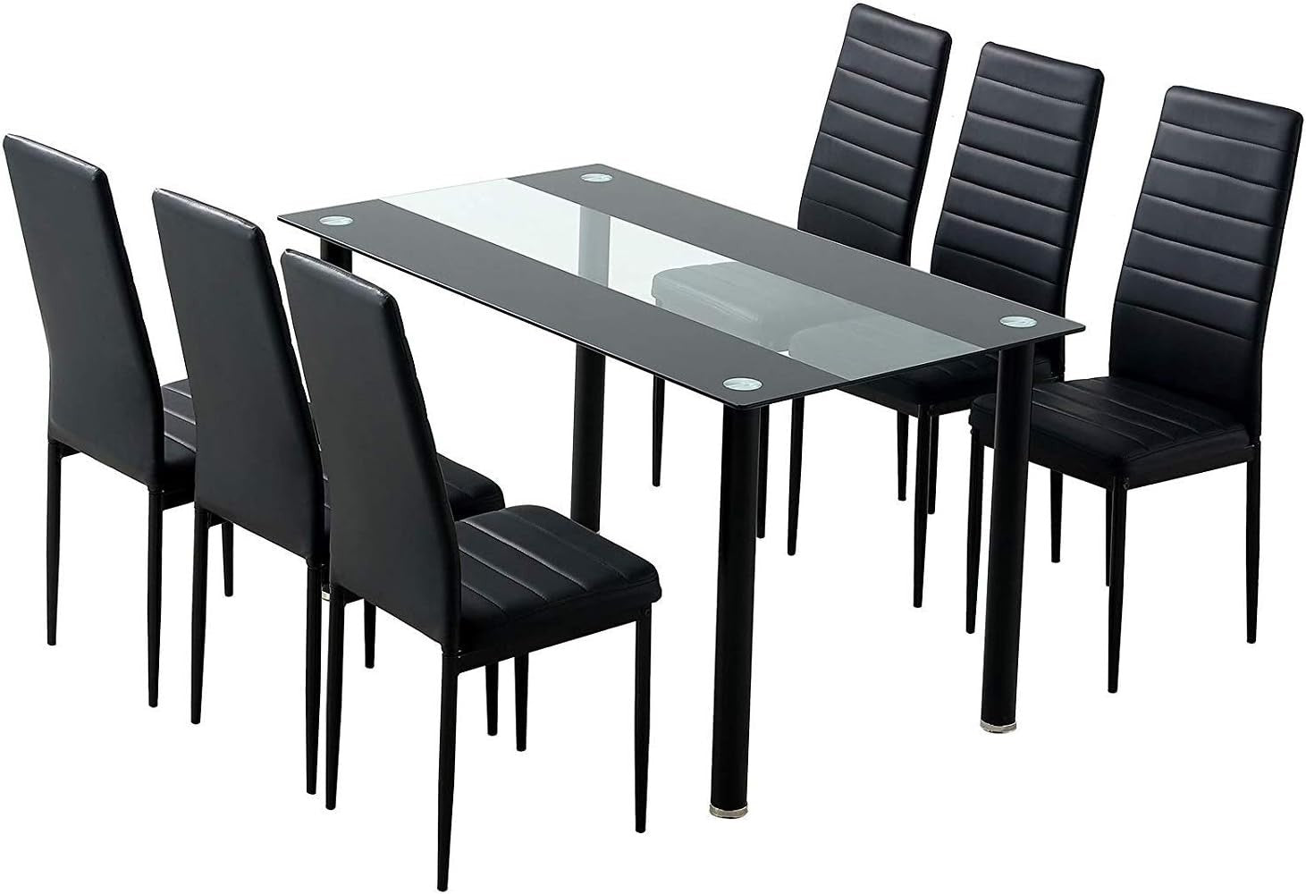 Modern Black Glass Dining Table + 6 Faux Leather Chairs 140x80x75cm