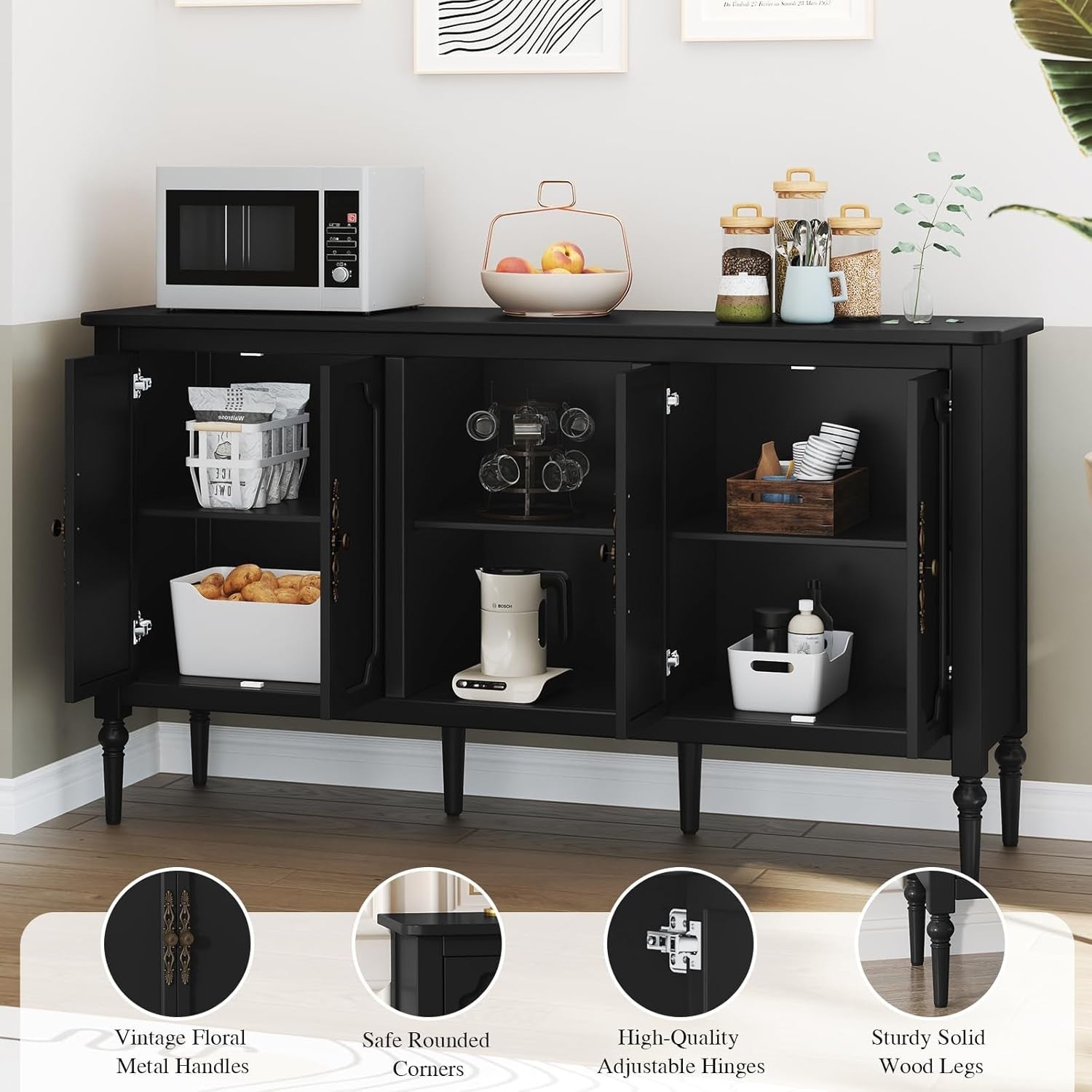 Black Wood Sideboard Cabinet 4 Door Gold Handle Buffet Storage Unit
