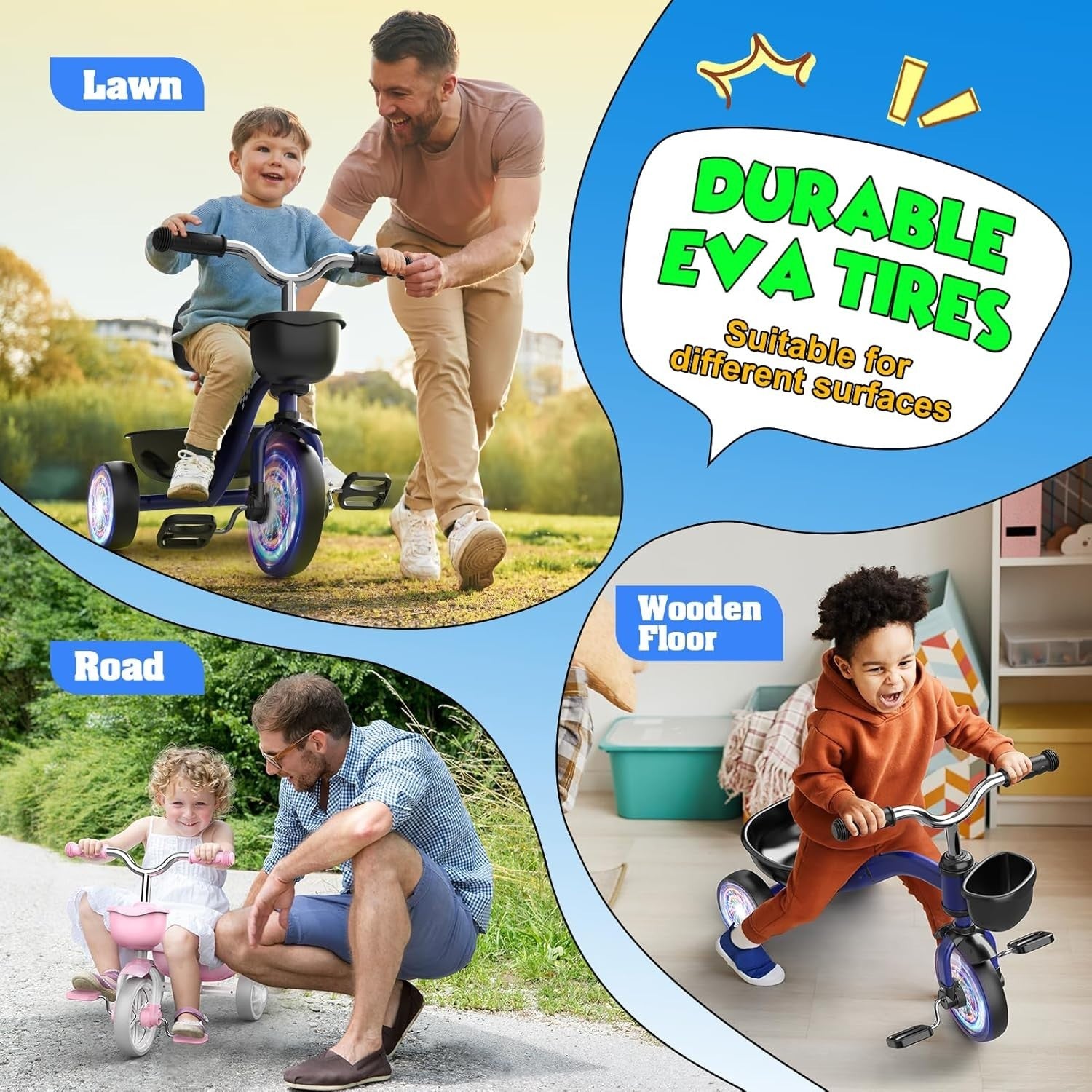 Kids Tricycle LED Light Wheels Balance Bike Adjustable Seat Boys 2-5Y