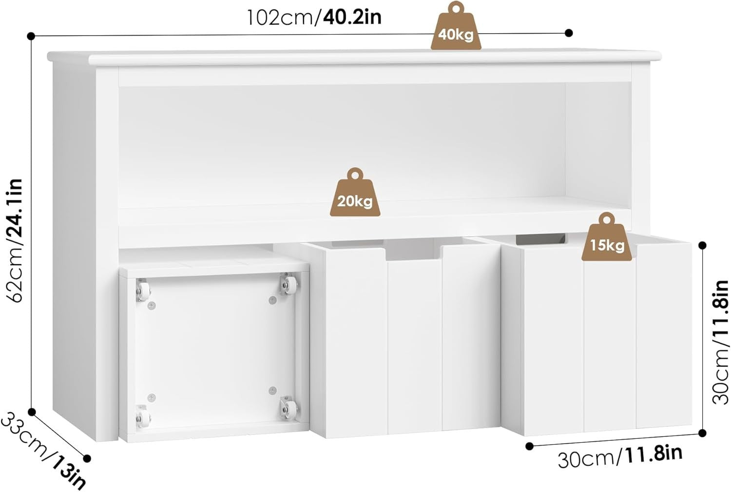White Kids Toy Storage Cabinet w/ Wheels – 3 Drawer Bookcase 102x62cm