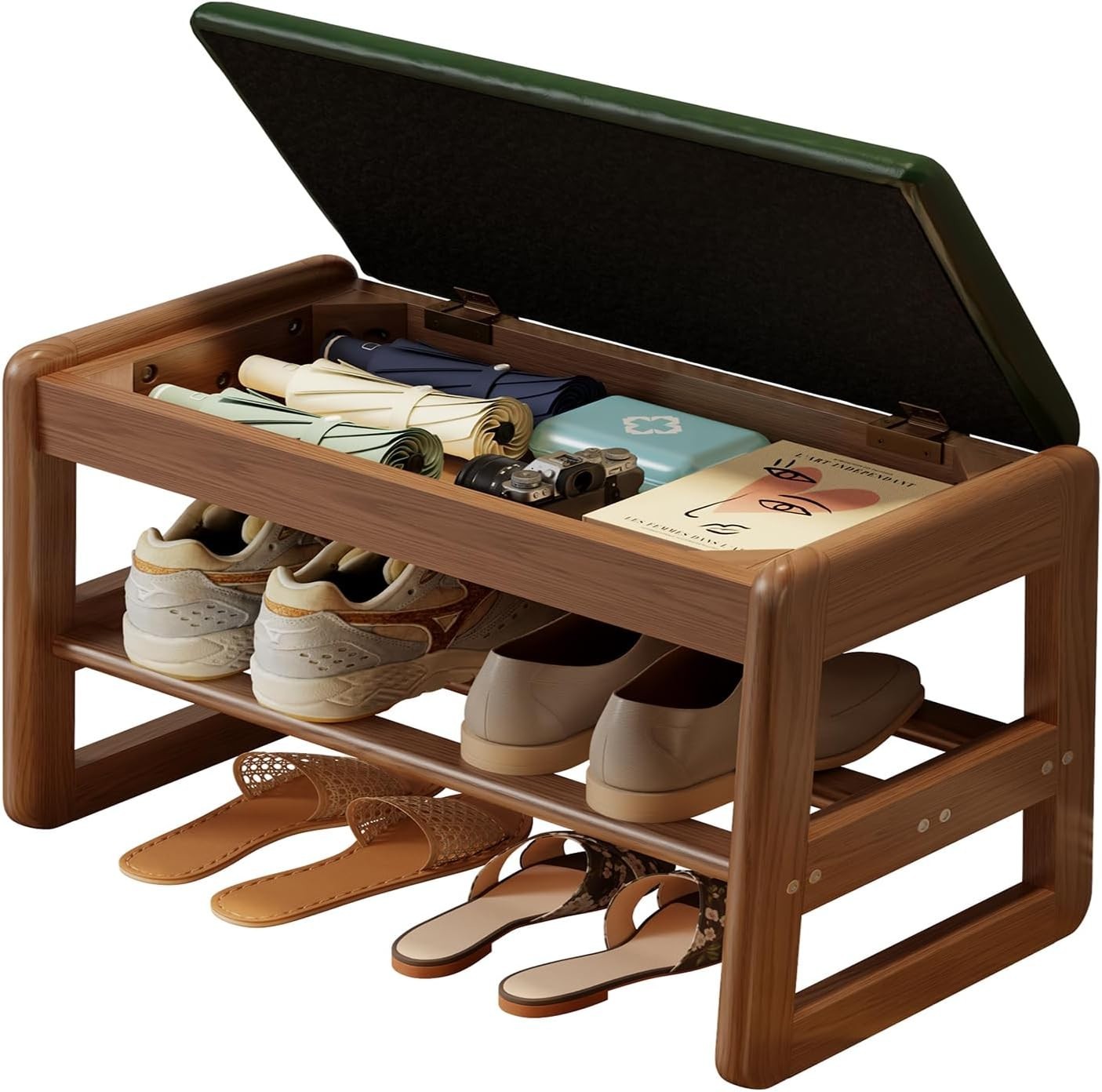 Small Entryway Shoe Bench with Flip-Top & Leather Cushion Storage Seat