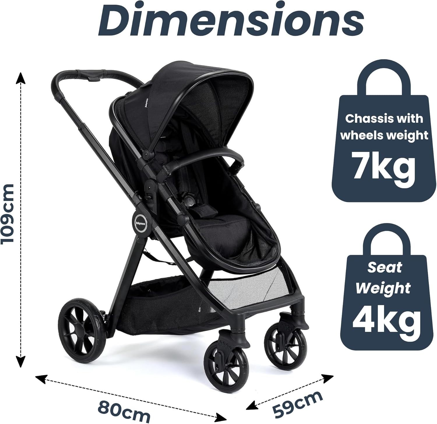 2 in 1 Baby Pram Pushchair Birth to 22kg, Carrycot Seat, Foldable
