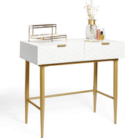 Modern White Dressing Table with Gold Legs, 2 Drawers, Glossy Finish, 90x75cm
