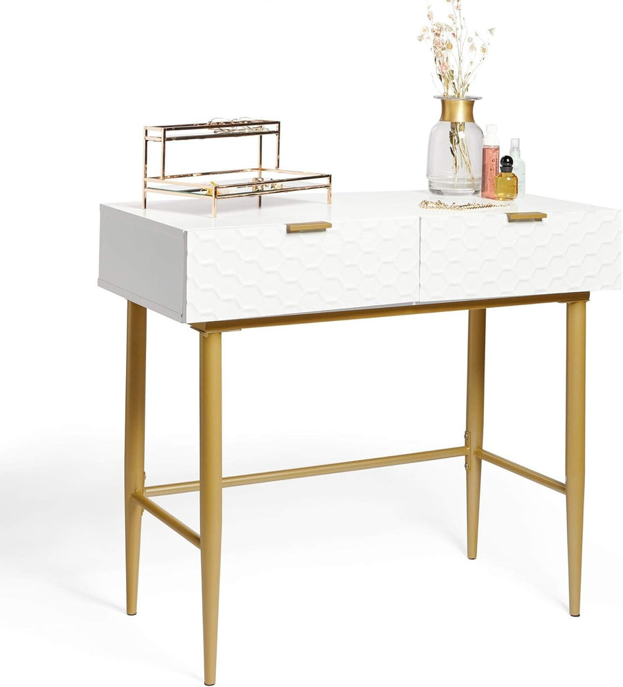 Modern White Dressing Table with Gold Legs, 2 Drawers, Glossy Finish, 90x75cm