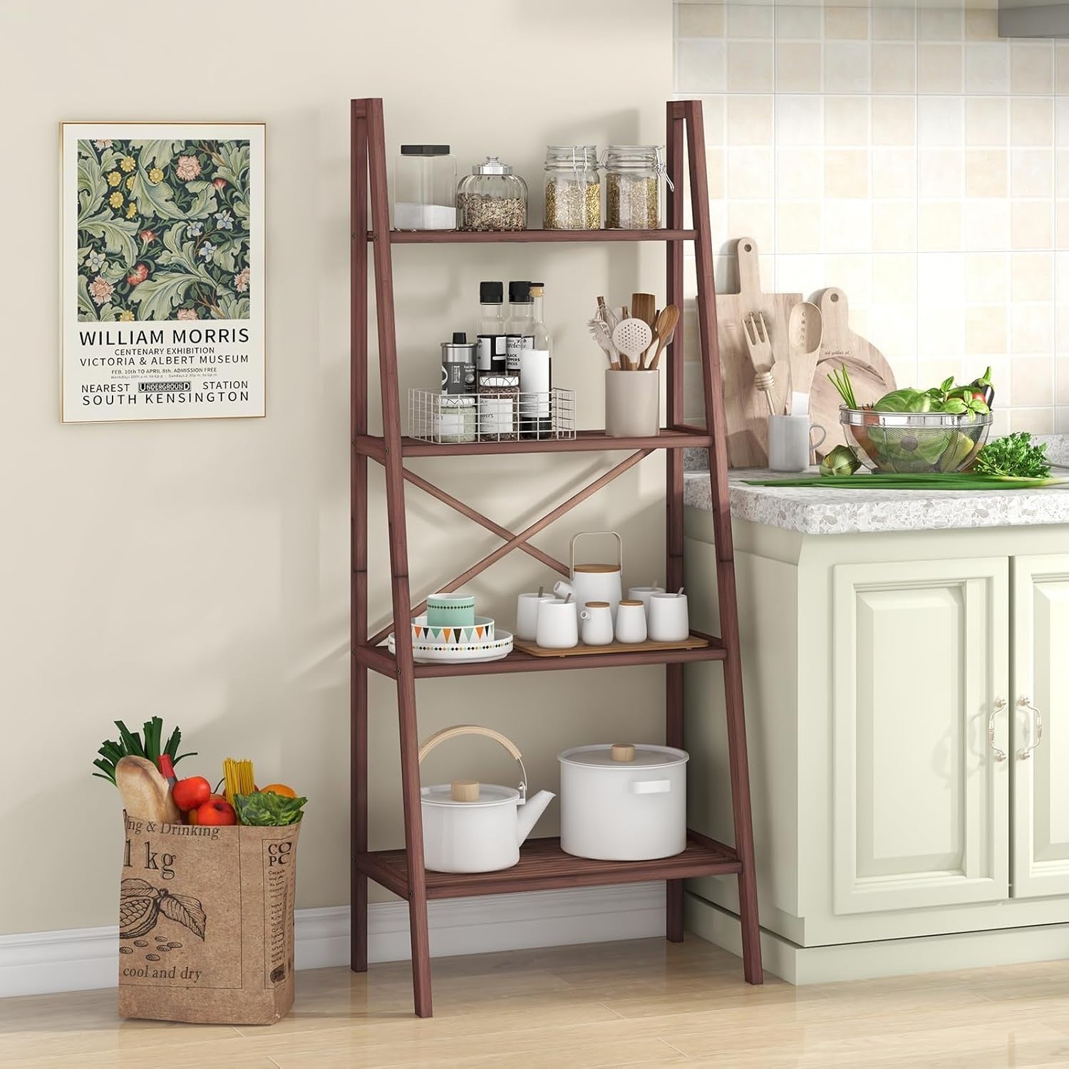 4 Tier Bamboo Ladder Bookshelf Freestanding Display Storage Shelf Walnut