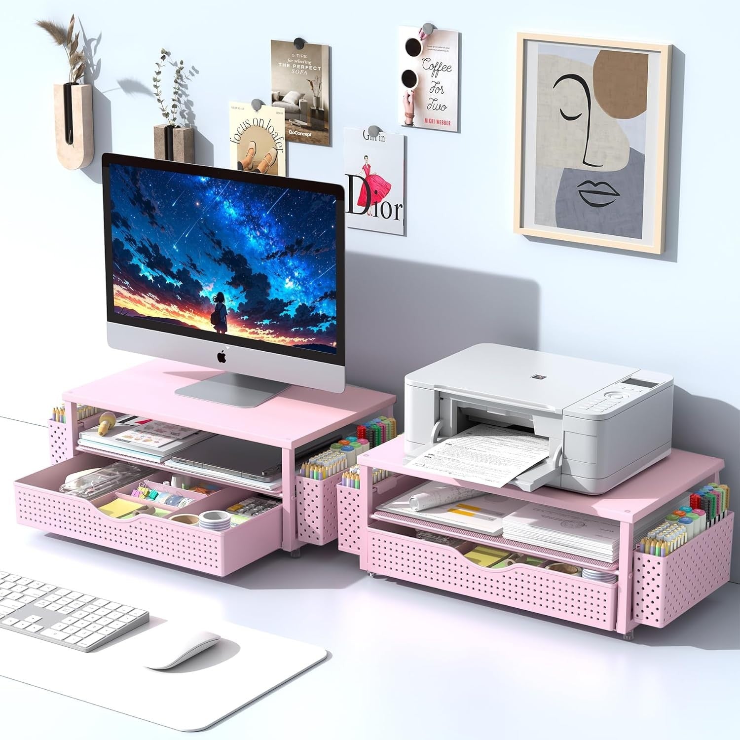 Wood & Steel Monitor Stand Riser with Drawer & Pen Holders – Desk Organizer Pink