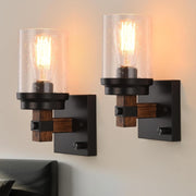 Rustic Wall Sconces Set of 2 Dimmable Farmhouse Vanity Lights with Seeded Glass