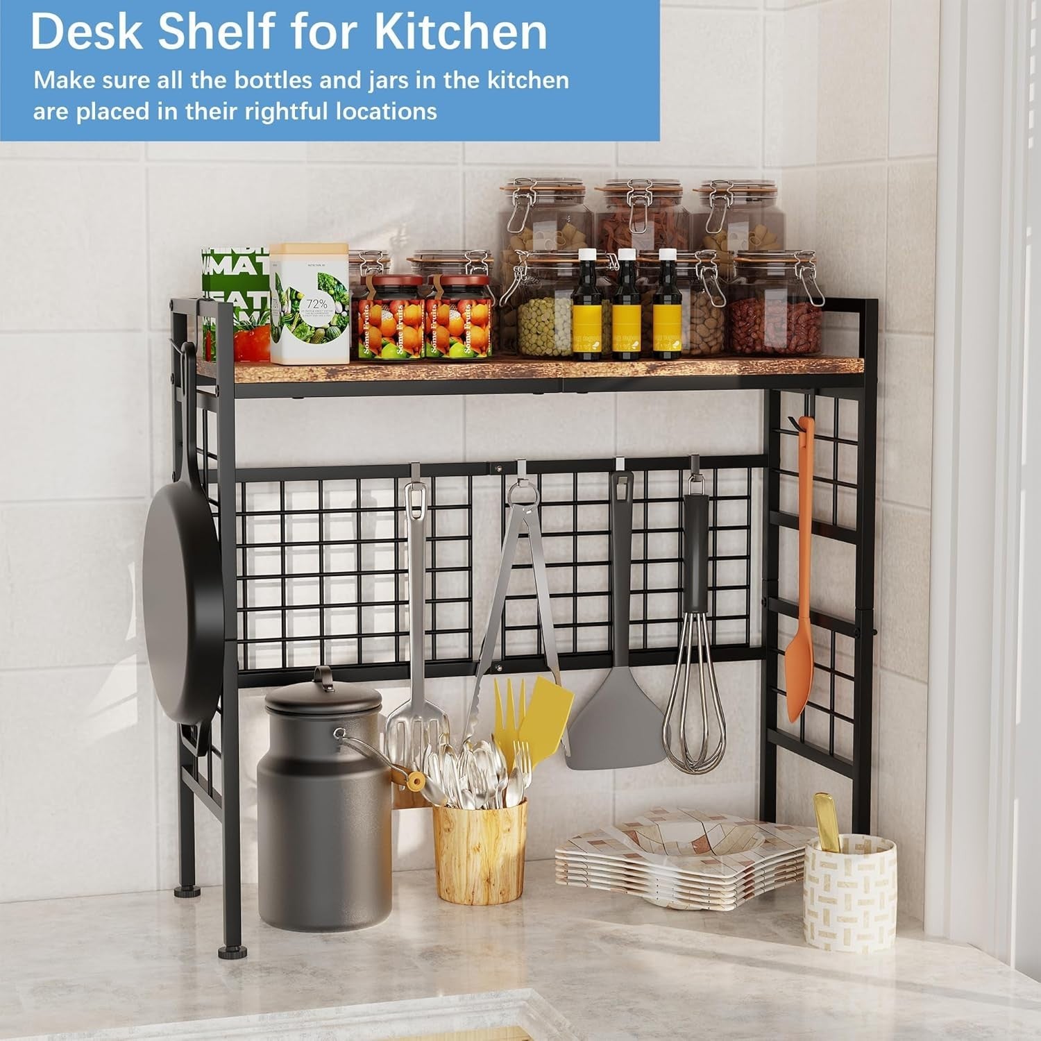 32.9" Metal Desk Hutch Shelf with Grid Panel | 2-Tier Desktop Organizer Rack